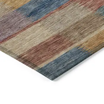 5' X 8' Beige Blue And Gold Striped Washable Indoor Outdoor Area Rug