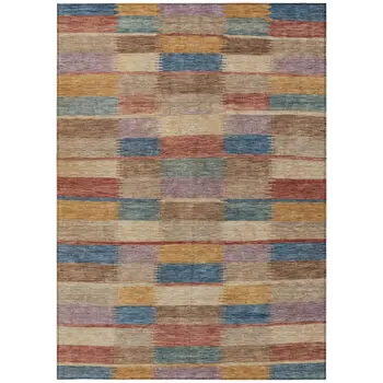 5' X 8' Beige Blue And Gold Striped Washable Indoor Outdoor Area Rug