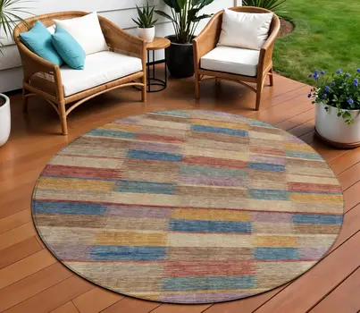 8' Beige Blue And Gold Round Striped Washable Indoor Outdoor Area Rug