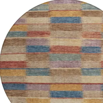 8' Beige Blue And Gold Round Striped Washable Indoor Outdoor Area Rug