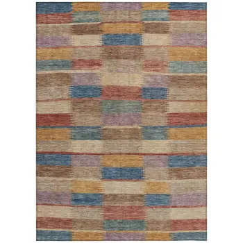 8' X 10' Beige Blue And Gold Striped Washable Indoor Outdoor Area Rug