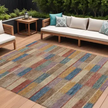 9' X 12' Beige Blue And Gold Striped Washable Indoor Outdoor Area Rug