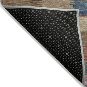 9' X 12' Beige Blue And Gold Striped Washable Indoor Outdoor Area Rug