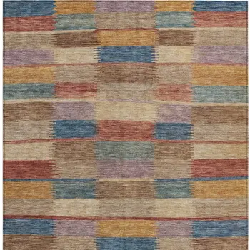 10' X 14' Beige Blue And Gold Striped Washable Indoor Outdoor Area Rug