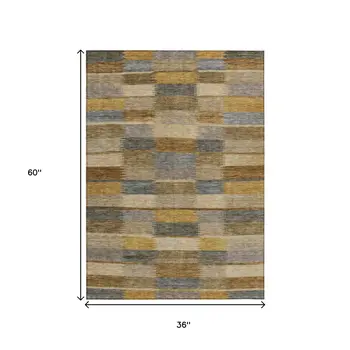 3' X 5' Brown Taupe And Gold Striped Washable Indoor Outdoor Area Rug