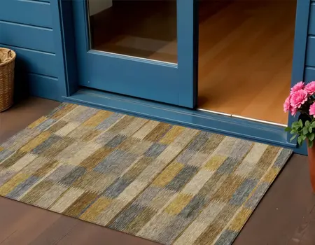 3' X 5' Brown Taupe And Gold Striped Washable Indoor Outdoor Area Rug
