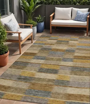 5' X 8' Brown Taupe And Gold Striped Washable Indoor Outdoor Area Rug