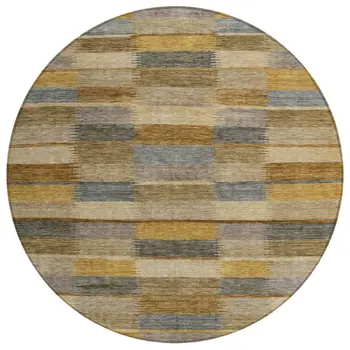 8' Brown Taupe And Gold Round Striped Washable Indoor Outdoor Area Rug