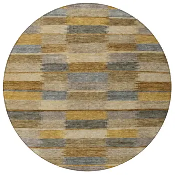 8' Brown Taupe And Gold Round Striped Washable Indoor Outdoor Area Rug