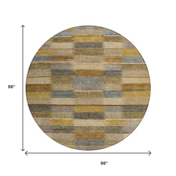 8' Brown Taupe And Gold Round Striped Washable Indoor Outdoor Area Rug