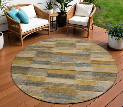 8' Brown Taupe And Gold Round Striped Washable Indoor Outdoor Area Rug