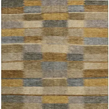 9' X 12' Brown Taupe And Gold Striped Washable Indoor Outdoor Area Rug