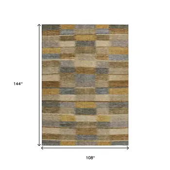9' X 12' Brown Taupe And Gold Striped Washable Indoor Outdoor Area Rug