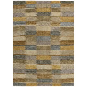9' X 12' Brown Taupe And Gold Striped Washable Indoor Outdoor Area Rug