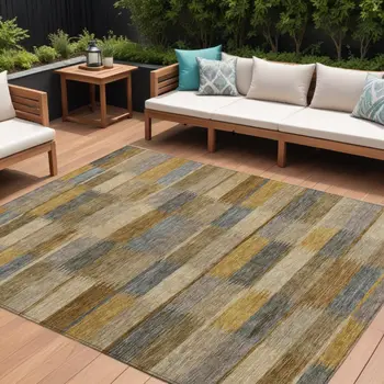 10' X 14' Brown Taupe And Gold Striped Washable Indoor Outdoor Area Rug