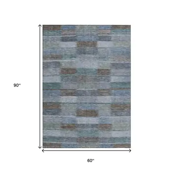 5' X 8' Blue Denim Blue And Brown Striped Washable Indoor Outdoor Area Rug