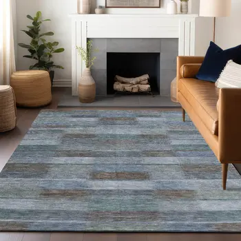 5' X 8' Blue Denim Blue And Brown Striped Washable Indoor Outdoor Area Rug