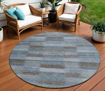 8' Blue Denim Blue And Brown Round Striped Washable Indoor Outdoor Area Rug