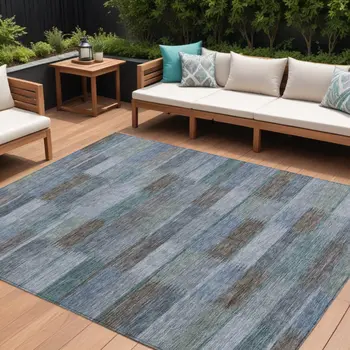 10' X 14' Blue Denim Blue And Brown Striped Washable Indoor Outdoor Area Rug