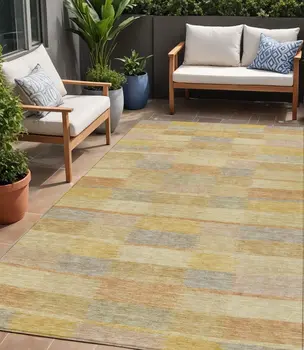 5' X 8' Wheat Beige And Gold Striped Washable Indoor Outdoor Area Rug