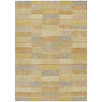 9' X 12' Wheat Beige And Gold Striped Washable Indoor Outdoor Area Rug