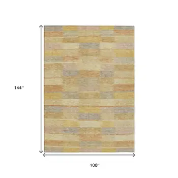 9' X 12' Wheat Beige And Gold Striped Washable Indoor Outdoor Area Rug