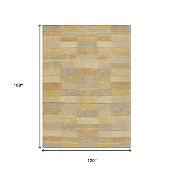 10' X 14' Wheat Beige And Gold Striped Washable Indoor Outdoor Area Rug