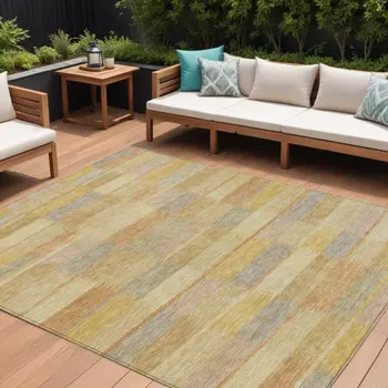 10' X 14' Wheat Beige And Gold Striped Washable Indoor Outdoor Area Rug