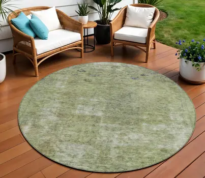 8' Artichoke Green And Beige Round Abstract Washable Indoor Outdoor Area Rug