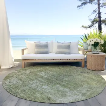 8' Artichoke Green And Beige Round Abstract Washable Indoor Outdoor Area Rug