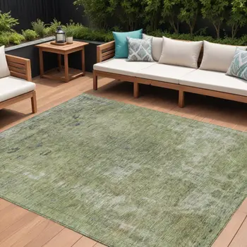 8' X 10' Artichoke Green And Beige Abstract Washable Indoor Outdoor Area Rug