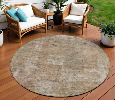8' Beige And Taupe Round Abstract Washable Indoor Outdoor Area Rug
