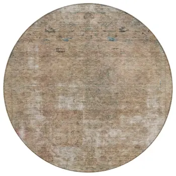 8' Beige And Taupe Round Abstract Washable Indoor Outdoor Area Rug