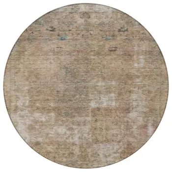 8' Beige And Taupe Round Abstract Washable Indoor Outdoor Area Rug