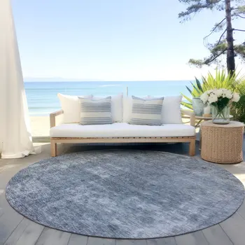 8' Blue And Gray Round Abstract Washable Indoor Outdoor Area Rug
