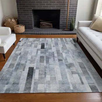 5' X 8' Blue And Gray Striped Washable Indoor Outdoor Area Rug