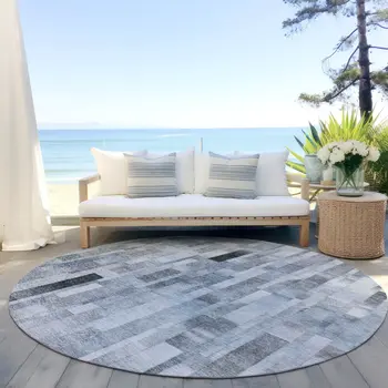 8' Blue And Gray Round Striped Washable Indoor Outdoor Area Rug