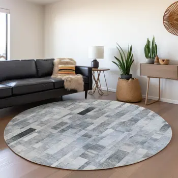 8' Blue And Gray Round Striped Washable Indoor Outdoor Area Rug
