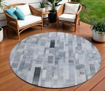 8' Blue And Gray Round Striped Washable Indoor Outdoor Area Rug