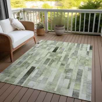 3' X 5' Green And Gray Striped Washable Indoor Outdoor Area Rug