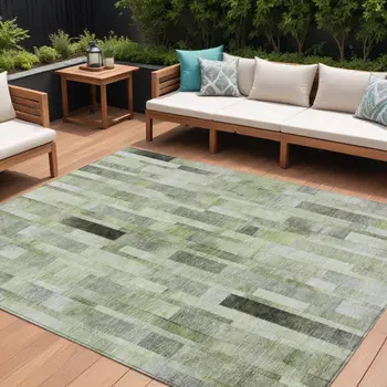 10' X 14' Green And Gray Striped Washable Indoor Outdoor Area Rug
