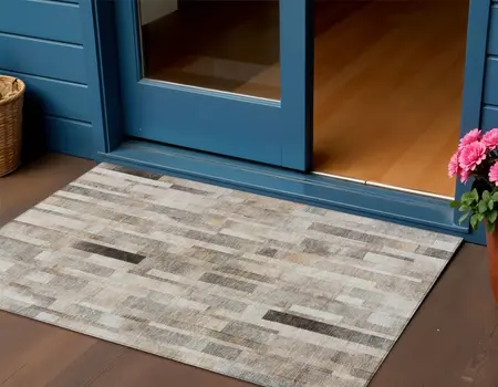 3' X 5' Taupe And Gray Striped Washable Indoor Outdoor Area Rug