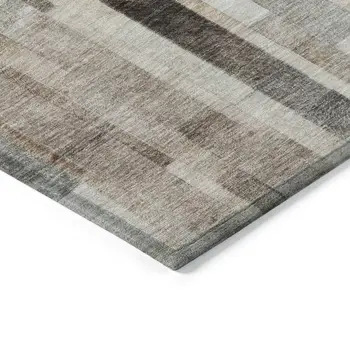 9' X 12' Taupe And Gray Striped Washable Indoor Outdoor Area Rug