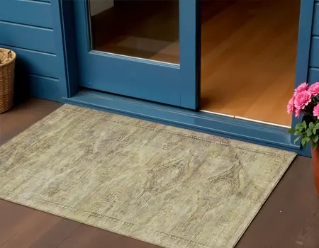 3' X 5' Artichoke Green And Taupe Aztec Washable Indoor Outdoor Area Rug