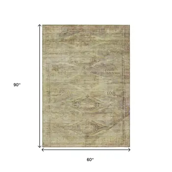 5' X 8' Artichoke Green And Taupe Aztec Washable Indoor Outdoor Area Rug