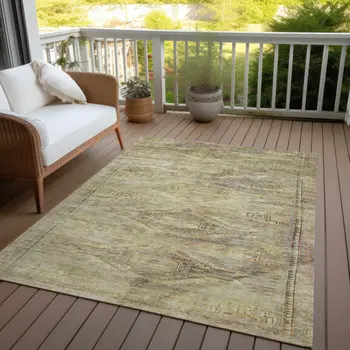 5' X 8' Artichoke Green And Taupe Aztec Washable Indoor Outdoor Area Rug
