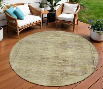 8' Artichoke Green And Taupe Round Aztec Washable Indoor Outdoor Area Rug