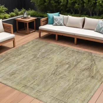 9' X 12' Artichoke Green And Taupe Aztec Washable Indoor Outdoor Area Rug