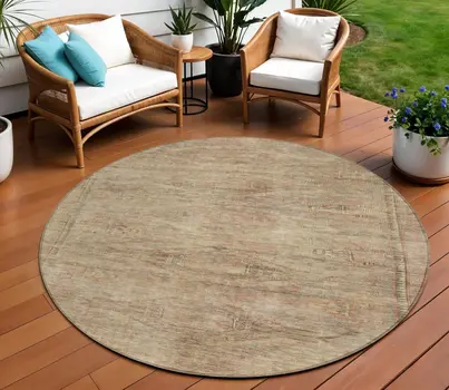 8' Beige And Taupe Round Aztec Washable Indoor Outdoor Area Rug