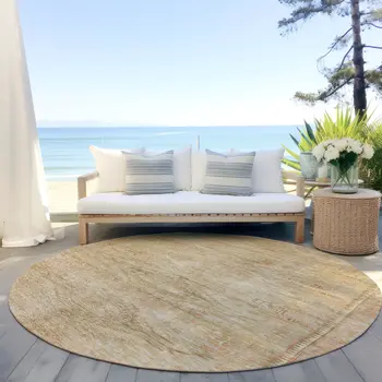 8' Linen And Wheat Round Aztec Washable Indoor Outdoor Area Rug